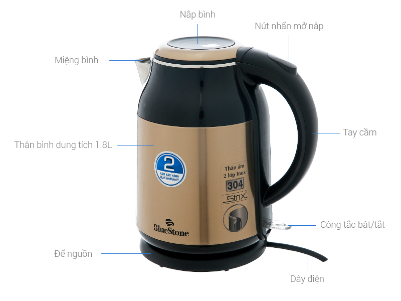 Ấm siêu tốc BlueStone dung tích 1.8 lít vỏ inox màu vàng đồng, tay cầm đen và đế xoay điện xoay 360 độ