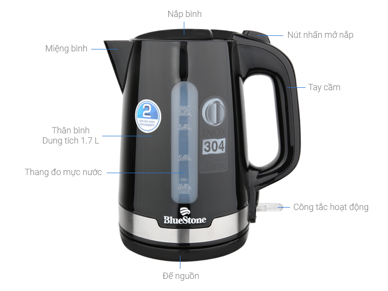 Ấm siêu tốc BlueStone màu đen dung tích 1,7 lít, ruột inox 304 và thang đo mực nước