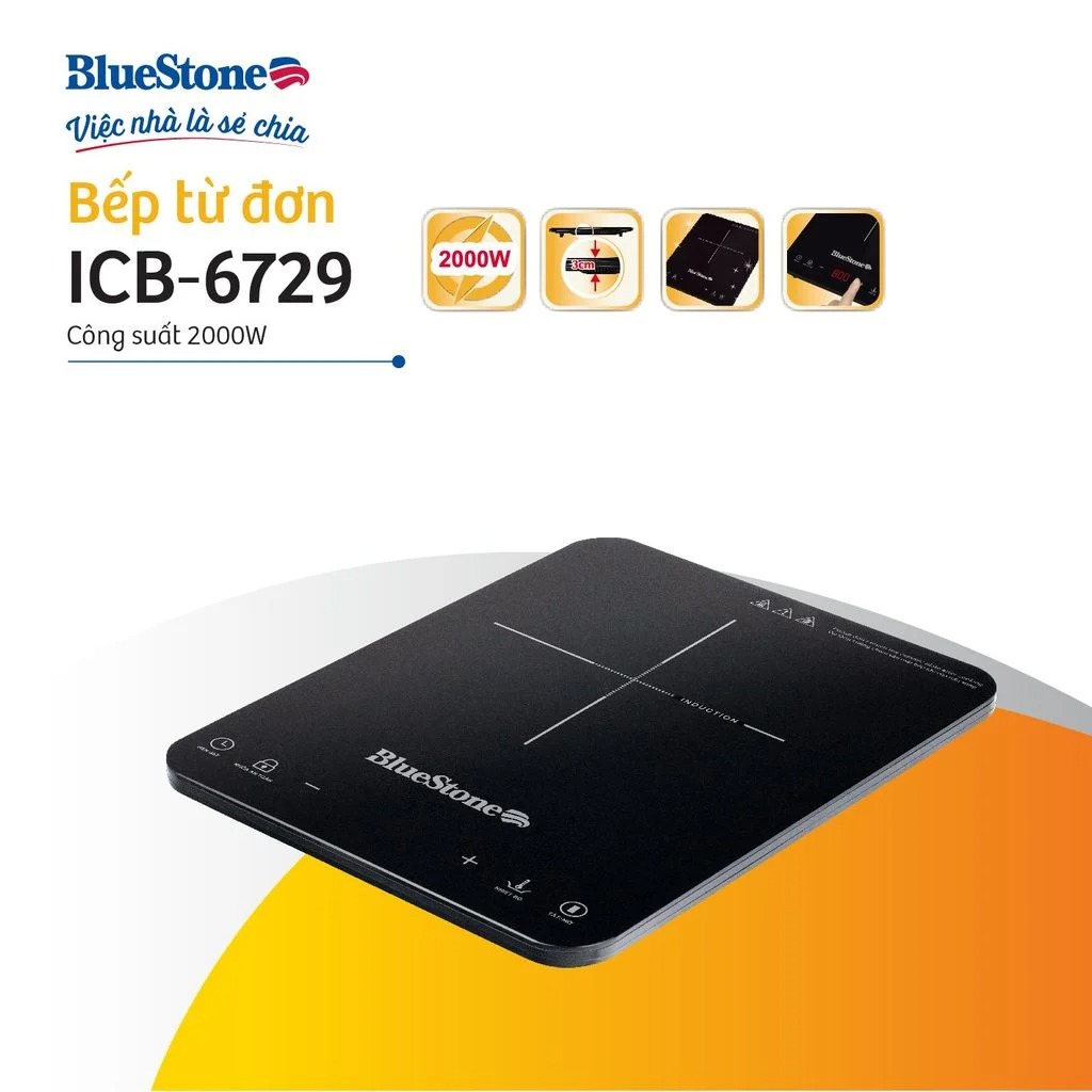 Bếp từ đơn Bluestone ICB-6729 màu đen, công suất 2000W, mặt kính điều khiển cảm ứng.