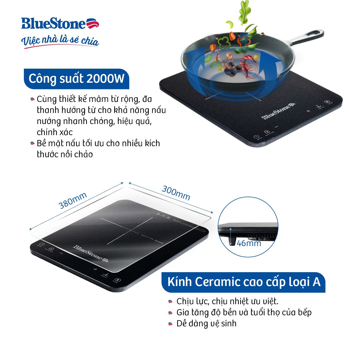 Bếp từ đơn BlueStone công suất 2000W mặt kính ceramic, kích thước 38 x 30 cm, dày 46 mm