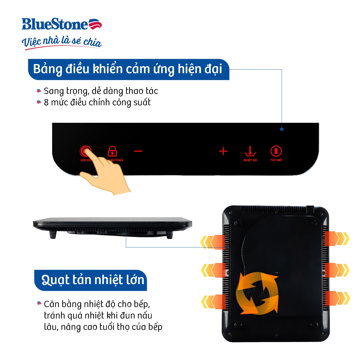 Bếp từ BlueStone màu đen với bảng điều khiển cảm ứng 8 mức công suất và quạt tản nhiệt lớn