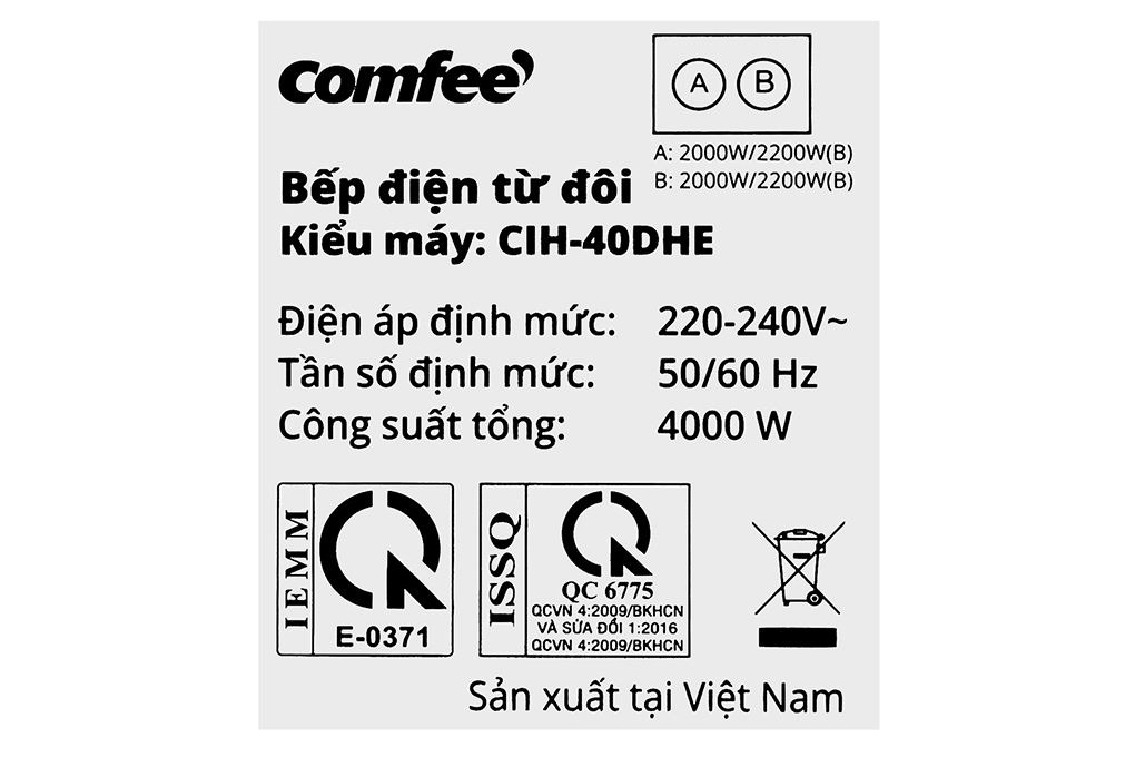 Bếp từ đôi âm Comfee CIH-40DHE, 4000W