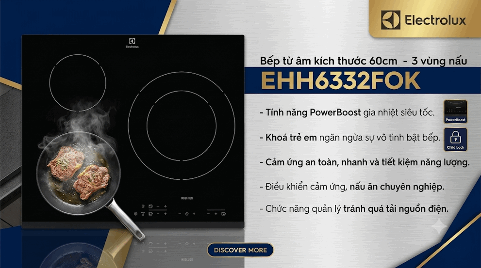Bếp từ âm Electrolux EHH6332FOK kích thước 60 cm với ba vùng nấu, tính năng PowerBoost và khóa trẻ em