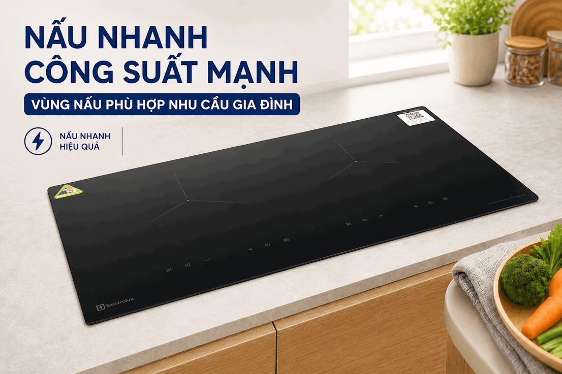 Bếp từ Electrolux mặt kính đen với nhiều vùng nấu, thiết kế lắp âm trên mặt bàn bếp