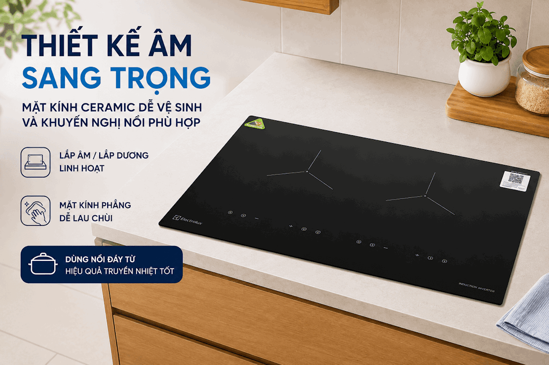 Bếp từ đôi Electrolux mặt kính ceramic màu đen, thiết kế âm sang trọng với hai vùng nấu cảm ứng độc lập