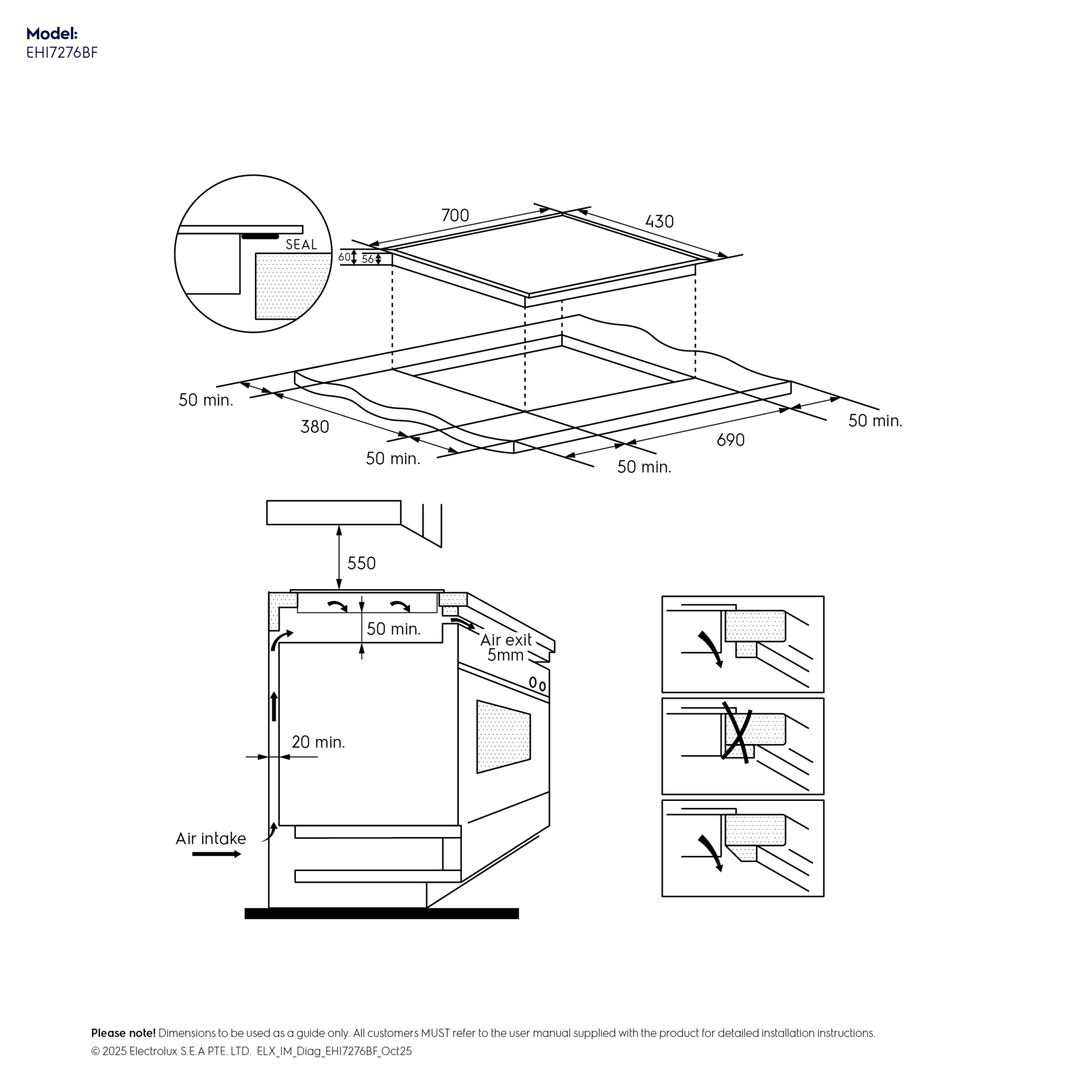 Bếp từ Electrolux EHI7276BF với kích thước khoét đá và hướng dẫn thông gió khi lắp đặt