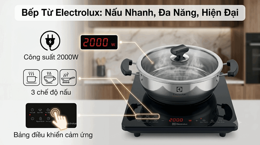 Bếp từ đơn Electrolux màu đen công suất 2000W với bảng điều khiển cảm ứng và nồi inox có nắp kính