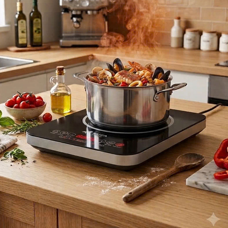 Bếp từ đơn mặt kính đen đang nấu nồi hải sản bằng nồi inox trong căn bếp gia đình