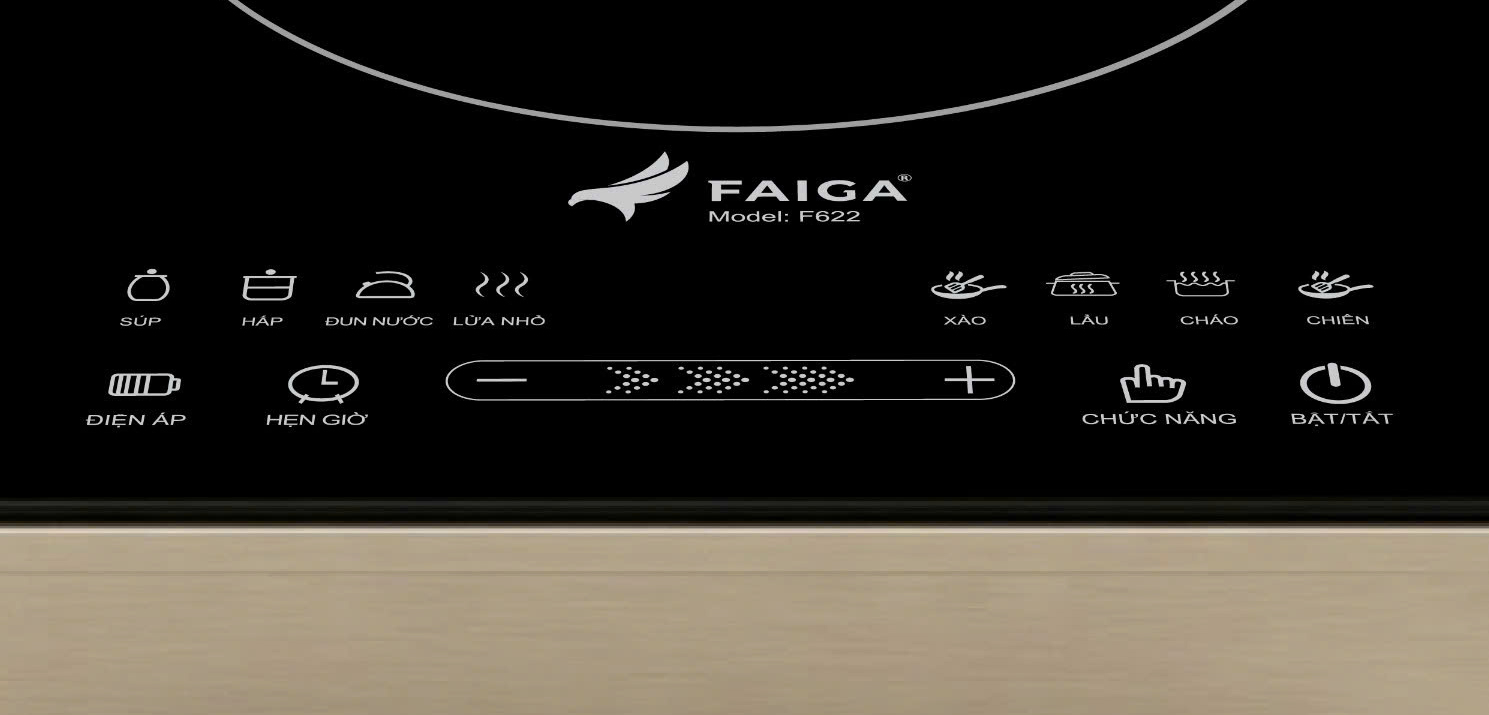 Bảng điều khiển cảm ứng bếp từ FAIGA F622 với các chế độ nấu, hẹn giờ và nút bật tắt