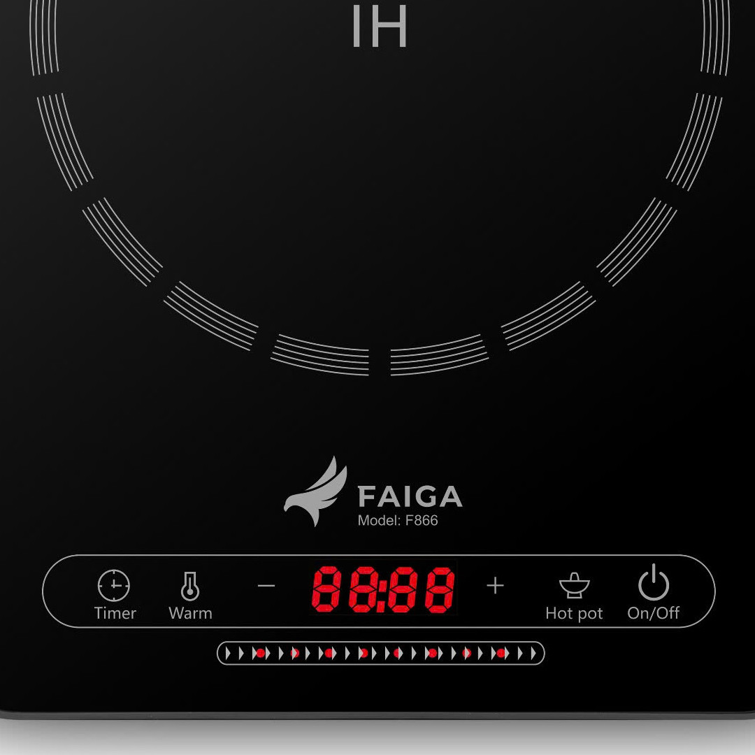 Bếp từ FAIGA model F866 với bảng điều khiển cảm ứng và màn hình LED đỏ