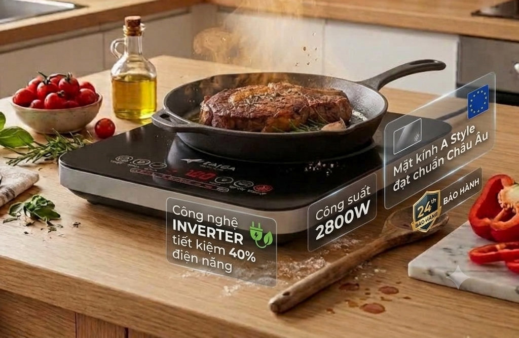 Bếp từ đơn công suất 2800W, công nghệ Inverter tiết kiệm điện và mặt kính A Style chuẩn châu Âu