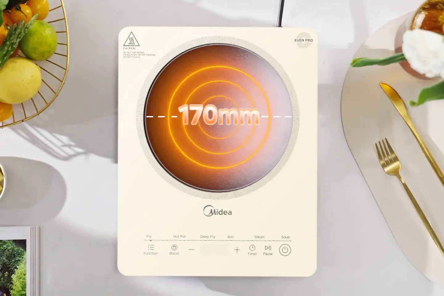 Bếp từ đơn Midea Even Pro màu kem với vùng nấu đường kính 170 mm và bảng điều khiển cảm ứng.
