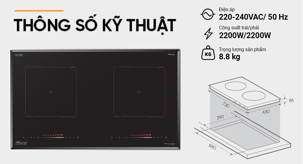 Bếp từ đôi Momo màu đen, công suất 2200W mỗi vùng nấu, kích thước 730 x 430 mm, nặng 8,8 kg