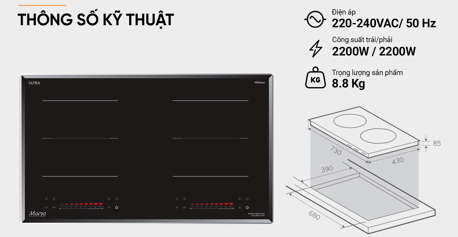 Bếp từ đôi mặt kính màu đen, công suất 2200W mỗi vùng nấu và kích thước 730 x 430 mm
