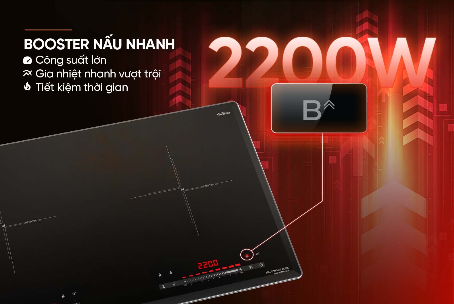 Bếp từ màu đen tích hợp chức năng Booster nấu nhanh công suất 2200W