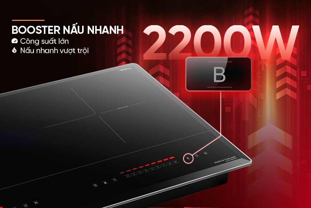 Bếp từ mặt kính đen với chức năng Booster nấu nhanh công suất 2200W