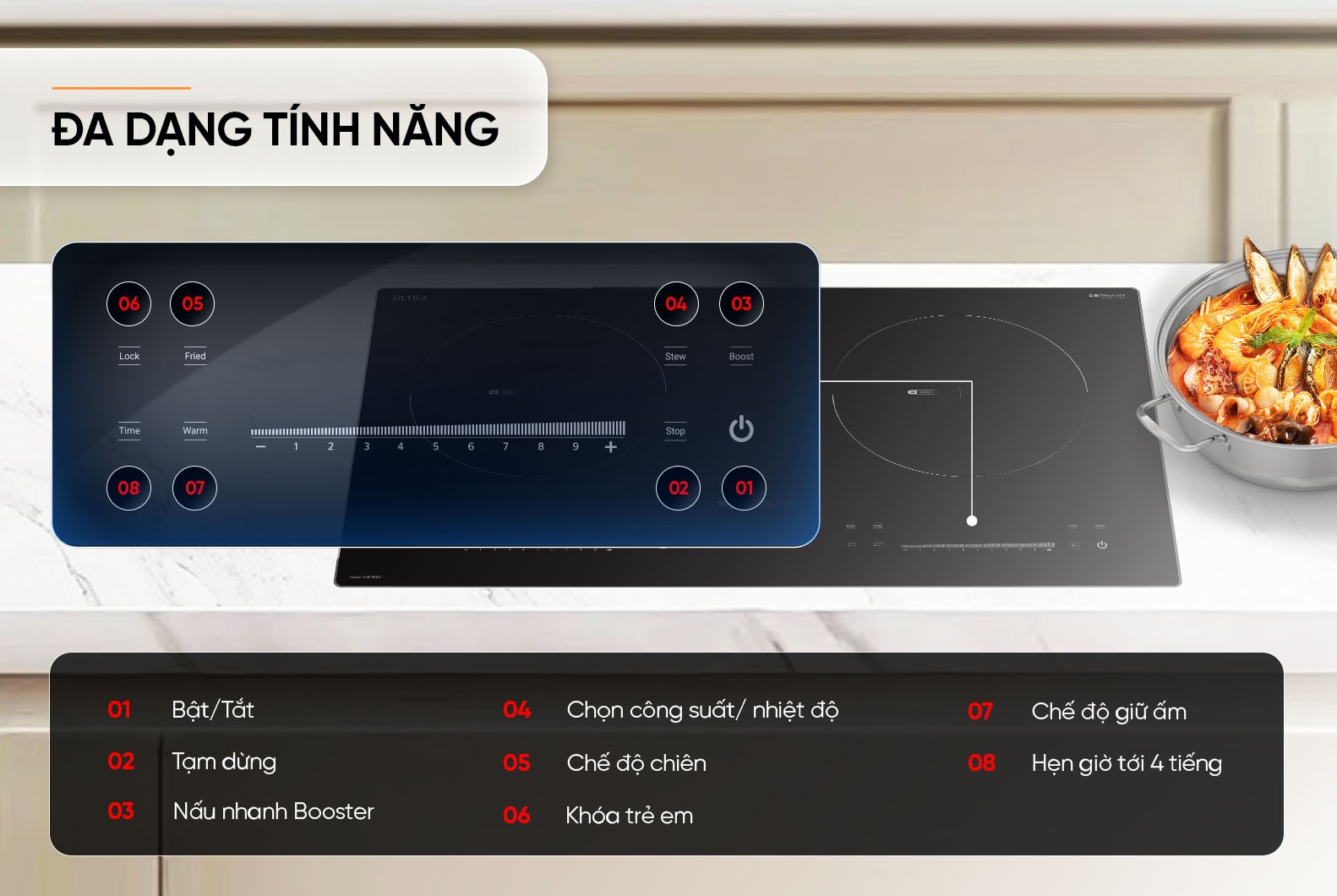 Bếp từ mặt kính với bảng điều khiển cảm ứng, chế độ Booster, chiên, giữ ấm, khóa trẻ em và hẹn giờ араион