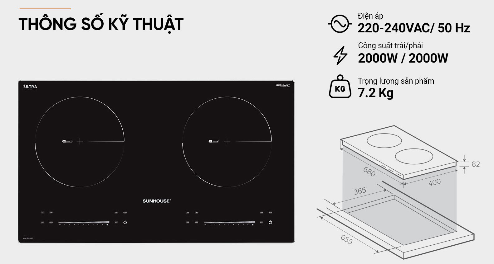 Bếp từ đôi Sunhouse màu đen với hai vùng nấu, công suất 2000W mỗi bên