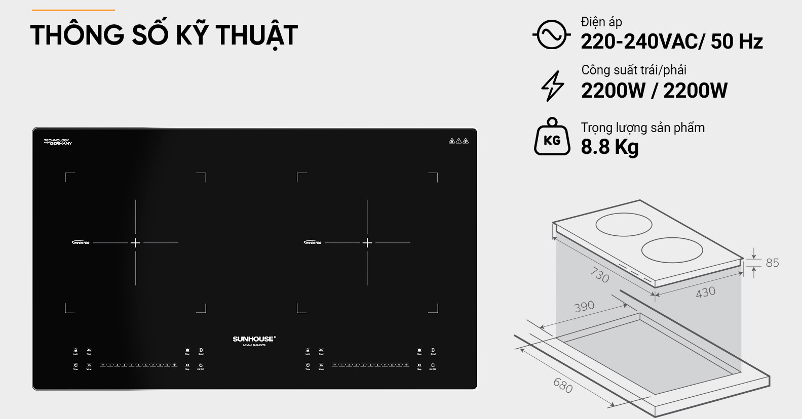 Bếp từ đôi Sunhouse mặt kính đen, công suất 2200W mỗi vùng nấu và kích thước 730 x 430 mm