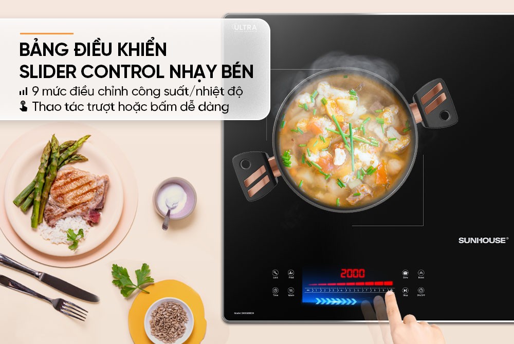 Bếp từ Sunhouse mặt kính đen với bảng điều khiển cảm ứng trượt 9 mức công suất và nhiệt độ