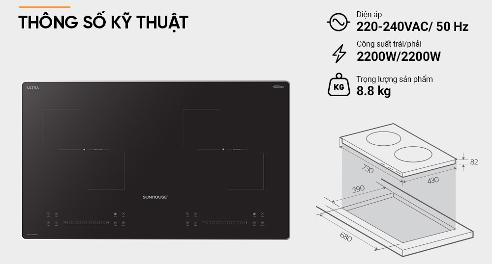 Bếp từ đôi Sunhouse Ultra màu đen, công suất mỗi vùng nấu 2200W, kích thước 730 x 430 mm