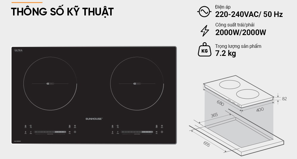 Bếp từ đôi Sunhouse Ultra màu đen, công suất 2000W mỗi vùng nấu, kích thước mặt bếp 680 x 400 mm