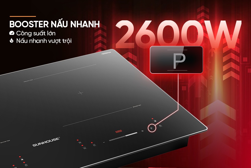 Bếp từ Sunhouse Booster công suất 2600W với chức năng nấu nhanh vượt trội