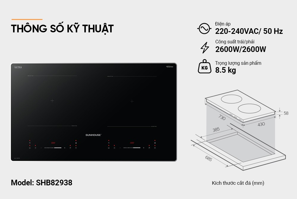 Bếp từ đôi Sunhouse SHB82938 mặt kính đen, công suất mỗi vùng nấu 2600W