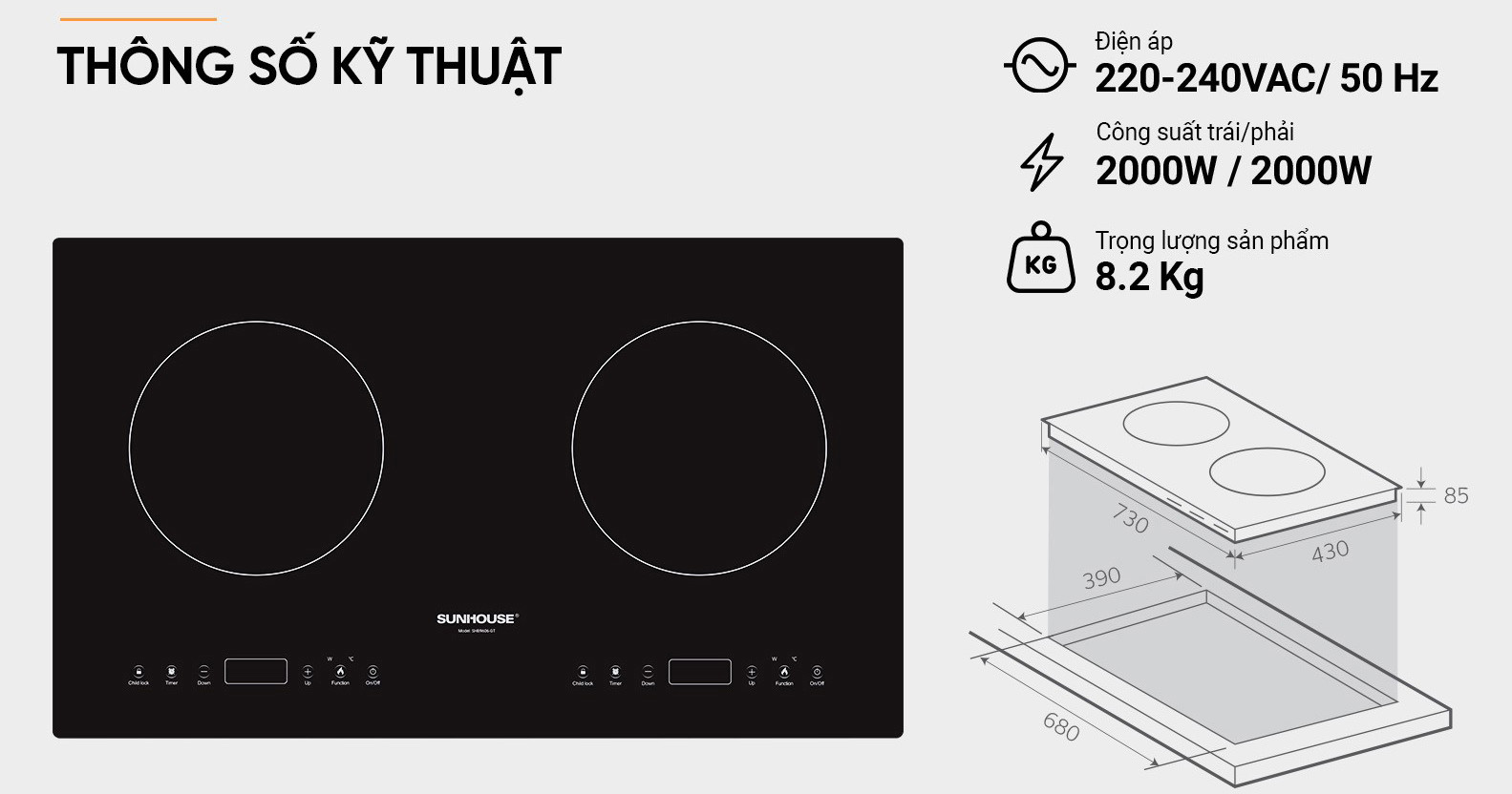 Bếp từ âm đôi SUNHOUSE SHB9606-GT, 4000W