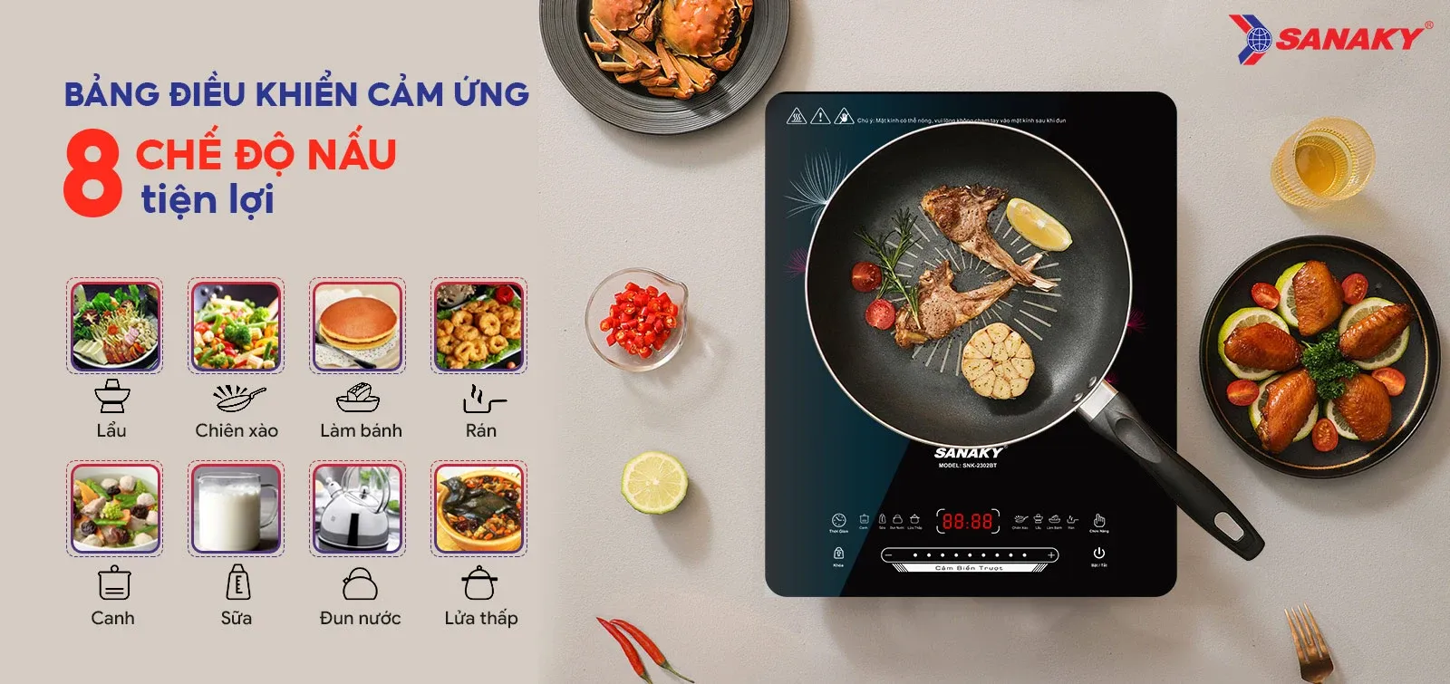 Bếp hồng ngoại cảm ứng Sanaky với 8 chế độ nấu tiện lợi và mặt bếp màu đen bóng.