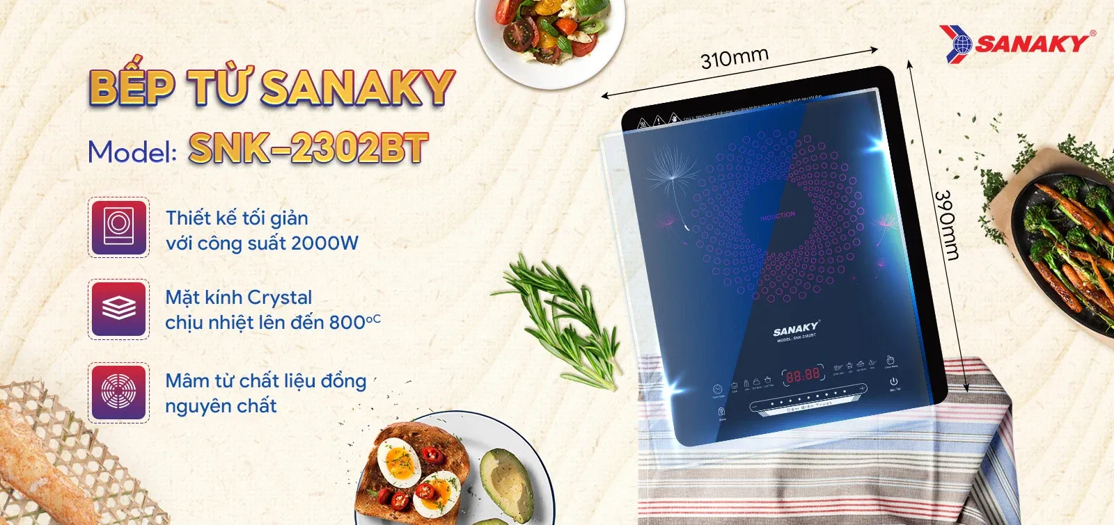 Bếp từ Sanaky SNK-2302BT công suất 2000W, mặt kính Crystal, mâm từ đồng nguyên chất, kích thước 310 x 390 mm