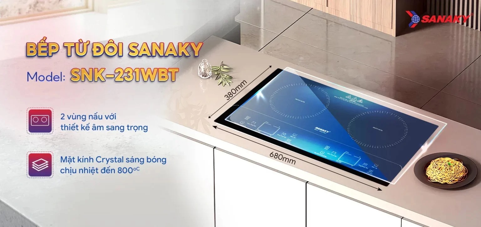 Bếp từ đôi Sanaky SNK-231WBT mặt kính Crystal, hai vùng nấu lắp âm kích thước 680 x 380 mm