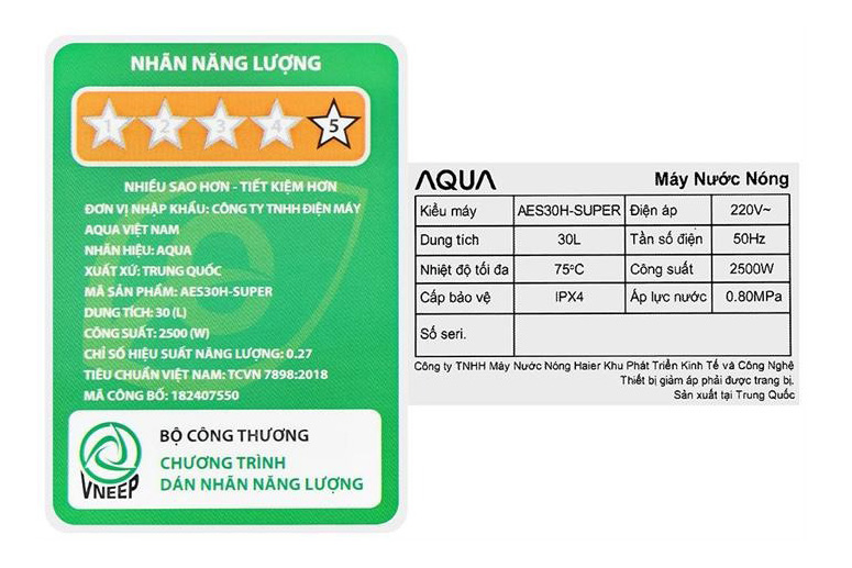 Bình nóng lạnh Aqua 30L AES30H-SUPER
