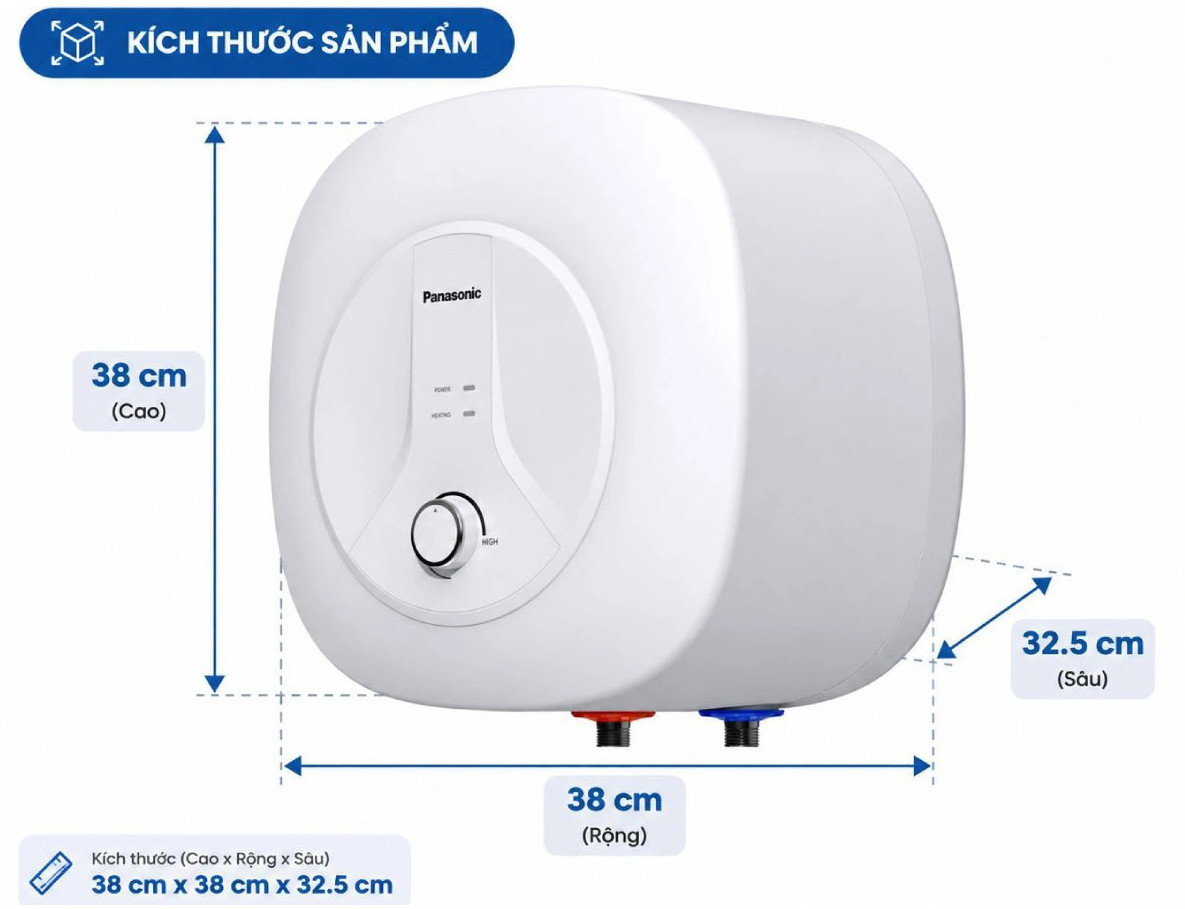 Bình nóng lạnh Panasonic màu trắng kích thước cao 38 cm, rộng 38 cm, sâu 32,5 cm
