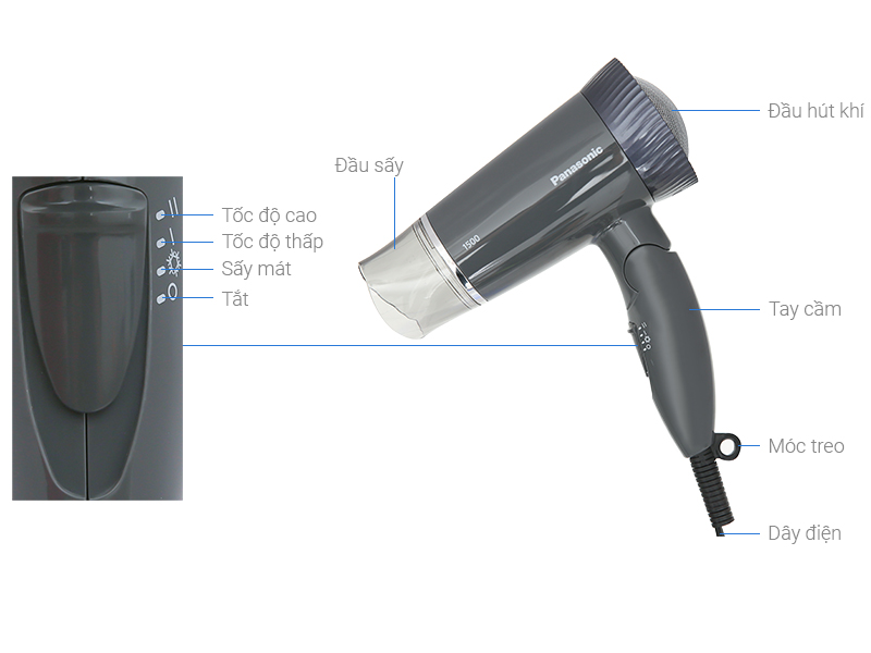 Máy sấy tóc Panasonic màu xám với đầu sấy, tay cầm và các chế độ sấy nóng, sấy mát, tắt máy