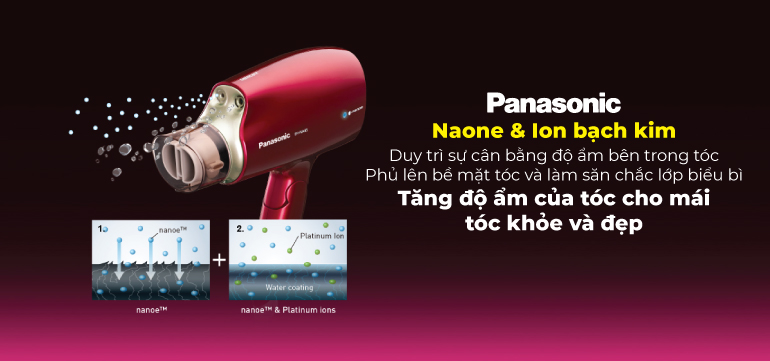 Máy sấy tóc Panasonic màu đỏ với công nghệ nanoe và ion bạch kim giúp tăng độ ẩm cho tóc
