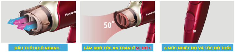 Máy sấy tóc Panasonic màu đỏ với đầu thổi khô nhanh, chế độ sấy 50 độ C và 6 mức nhiệt độ, tốc độ thổi