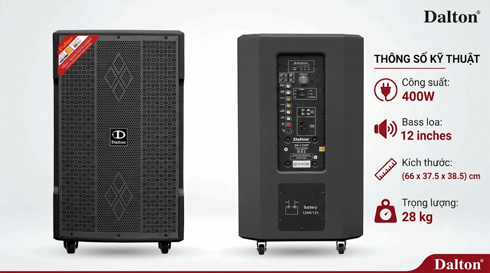 Loa kéo Dalton DA-15XP công suất 400W, bass 12 inch, thiết kế bánh xe tiện di chuyển