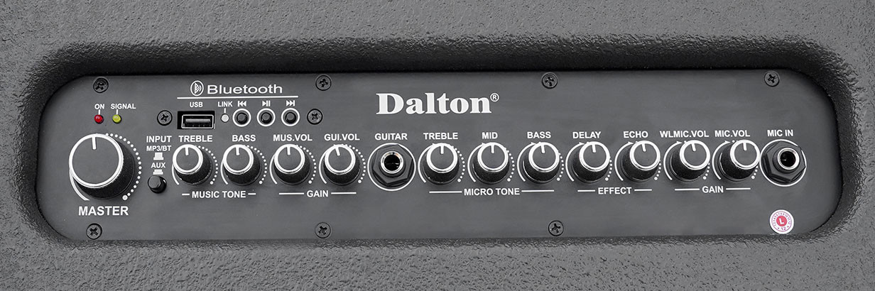 Bảng điều khiển loa Dalton tích hợp Bluetooth, núm chỉnh âm thanh và cổng kết nối micro, guitar