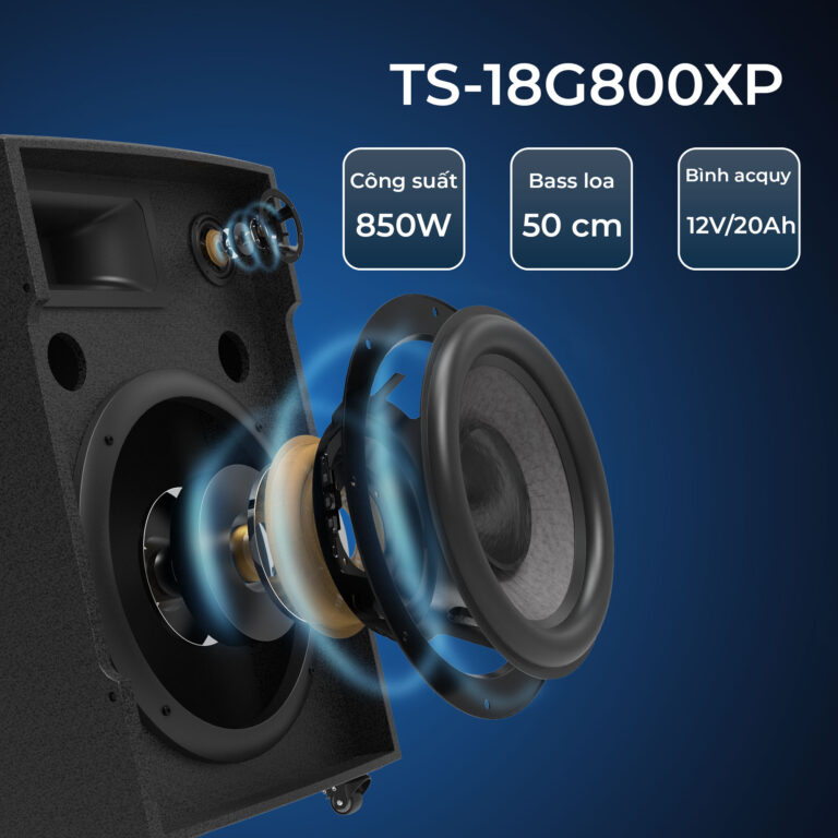 Loa karaoke di động TS-18G800XP công suất 850W, bass 50 cm và bình ắc quy 12V/20Ah