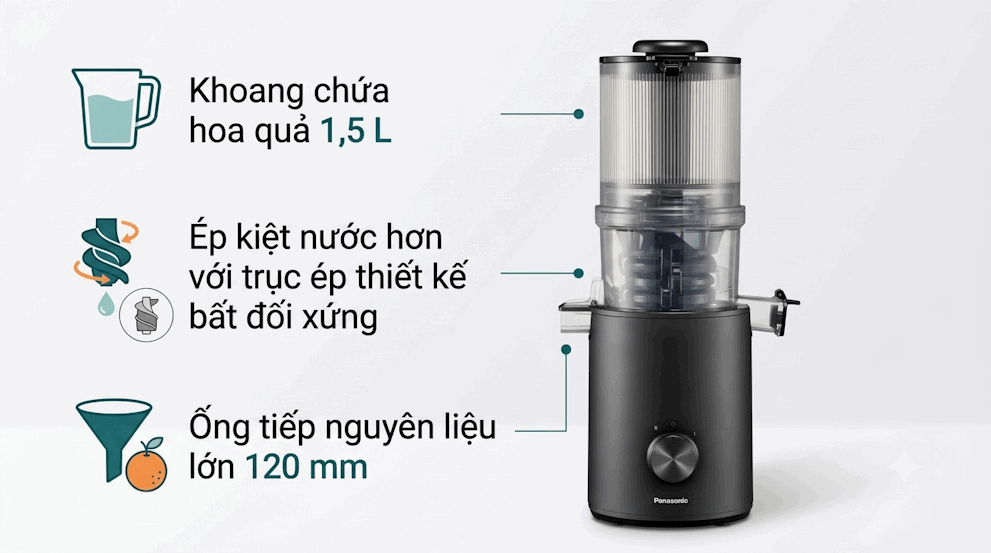 Máy ép chậm Panasonic màu đen với khoang chứa hoa quả 1,5 lít và ống tiếp nguyên liệu rộng 120 mm