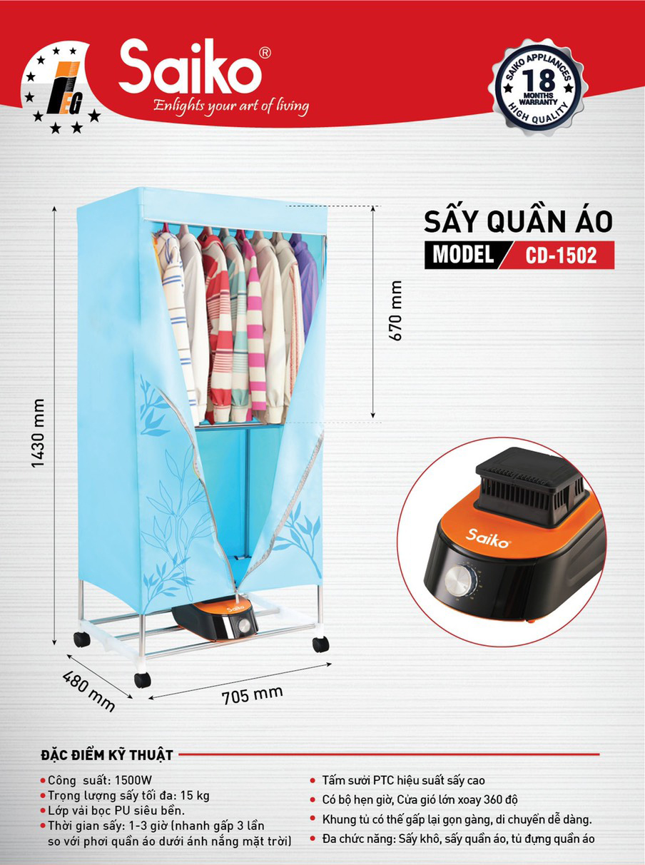 Tủ sấy quần áo Saiko CD-1502