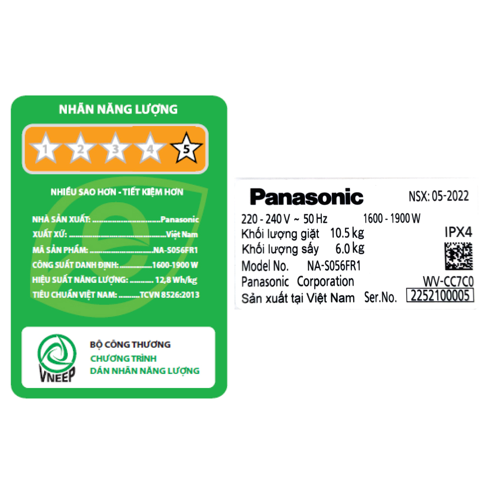 Máy giặt sấy 3Di Inverter Panasonic 10.5/6kg NA-S056FR1BV